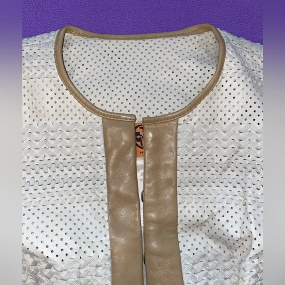 Tory‎ Burch Leather Jacket Woven Lasercut details Cream Tan trim Women’s 6